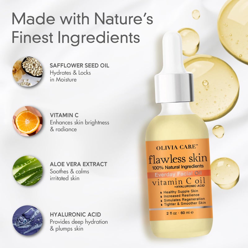 Olivia Care Vitamin C + Hyaluronic Acid Flawless Essential Facial Oil Acid 100% Natural, Reviving, Hydrating, Calming & Soothing. Stabilize & Retain Moisture 2 fl oz (Vitamin C) - Image 5